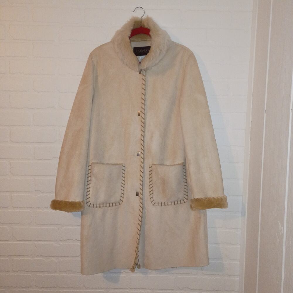 Vintage Penny Lane Fur Trim Faux Suede Winter Coat Cream Women Sz L Chadwicks
